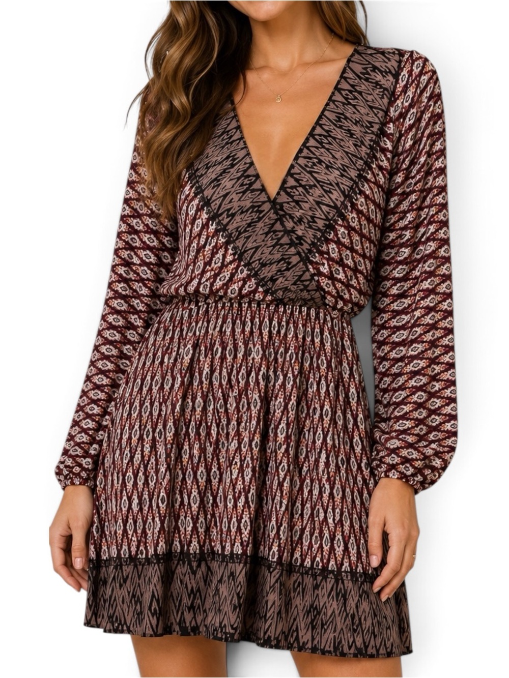 Olive Tree Boho Geometric Faux Wrap Stretch Jersey Mini Dress M Made USA
